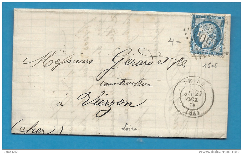 Loire - FEURS Pour VIERZON (Cher) - GC + CàD Type 17 - 1849-1876: Période Classique