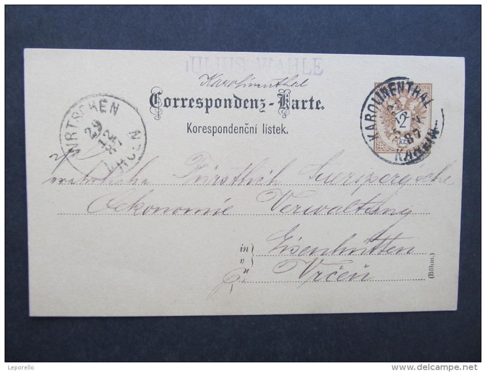 GANZSACHE Korrespondenzkarte Karolinenthal - Vrcen 1887  // D*20517 - Briefe U. Dokumente