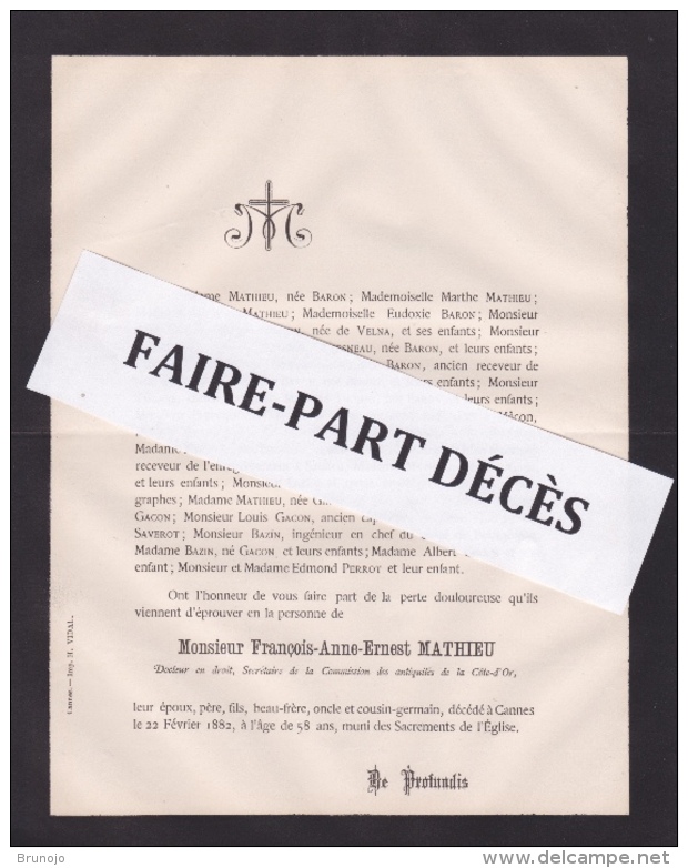 Faire-part Décès M. François Anne Ernest MATHIEU, Secrétaire De La Commission Des Antiquités De Cote-d'Or, Cannes, 1882 - Décès