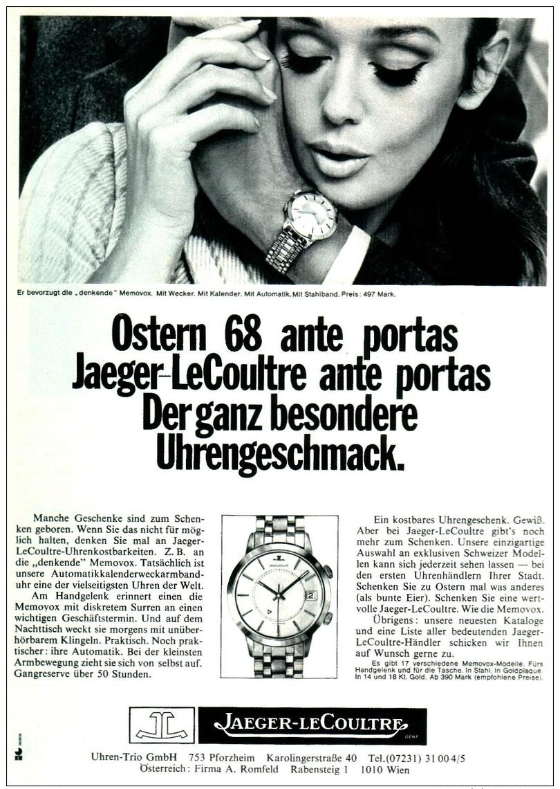 Original-Werbung/ Anzeige 1968 - 1/1 SEITE - JAEGER-LECOULTRE UHREN / RÜCKSEITE NSU RO 80 - Ca. 180 X 250 Mm - Werbung