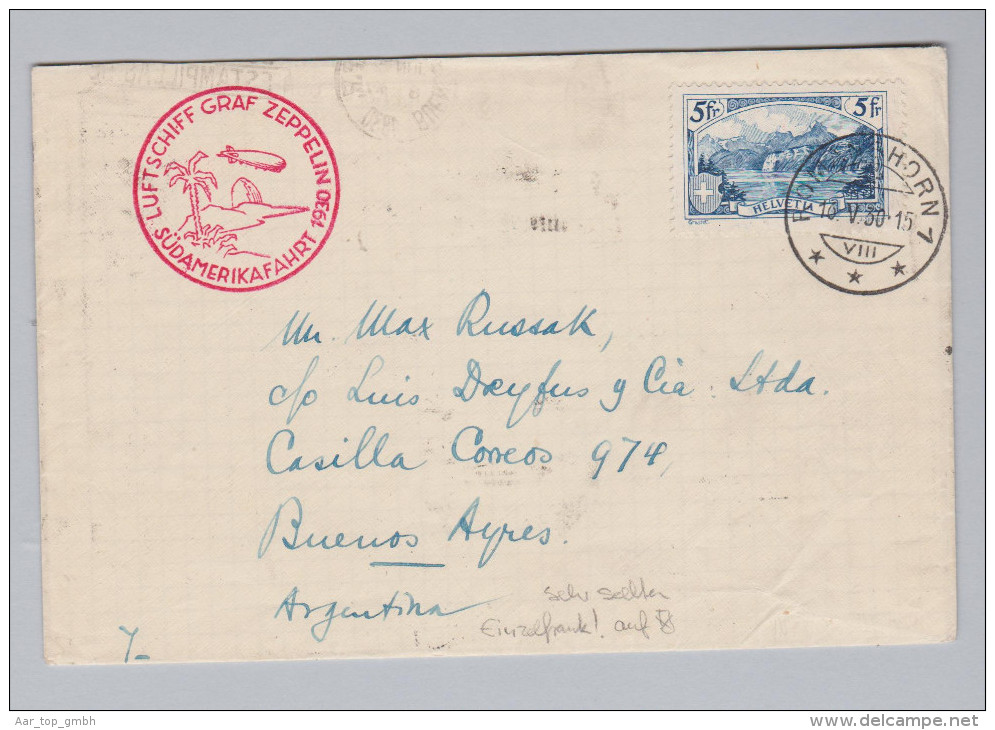 Schweiz 1930-05-16 Zeppelin Südamerikafahrt  Mit 5Fr Einzelfrankatur Brief Nach Argentinien - Lettres & Documents