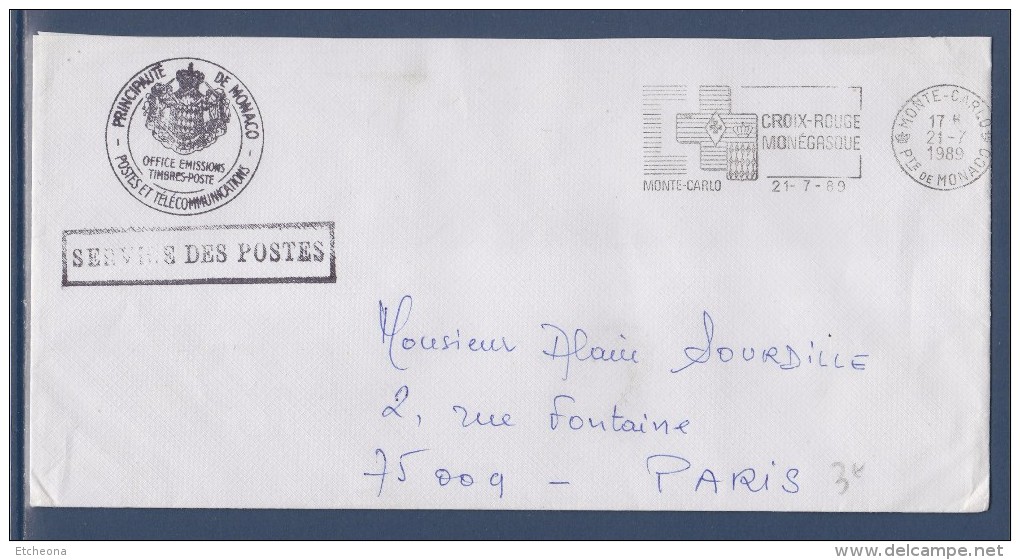 = Flamme Croix Rouge Monégasque Monte-Carlo 21.7.89 En Franchise Service Des Postes Office Des Emissions - Postmarks