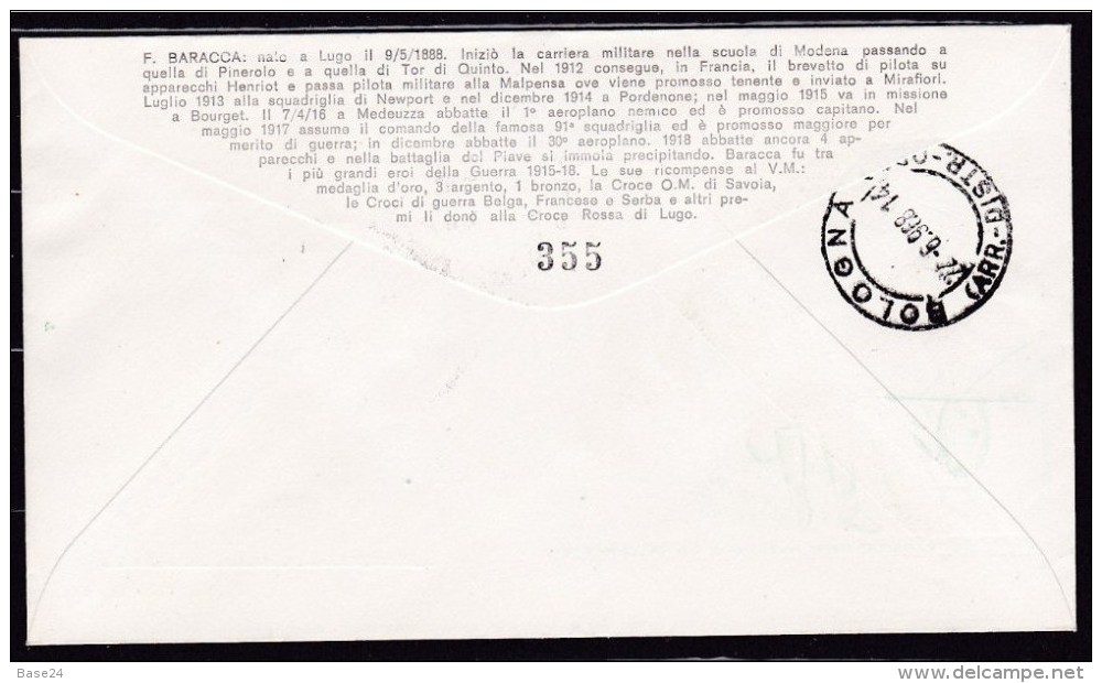 1968 Italia Nervesa (TV) FRANCESCO BARACCA 50° MORTE FDC Filagrano N.355 Viaggiata NERVESA BOLOGNA Affr. 25L Baracca - Prima Guerra Mondiale