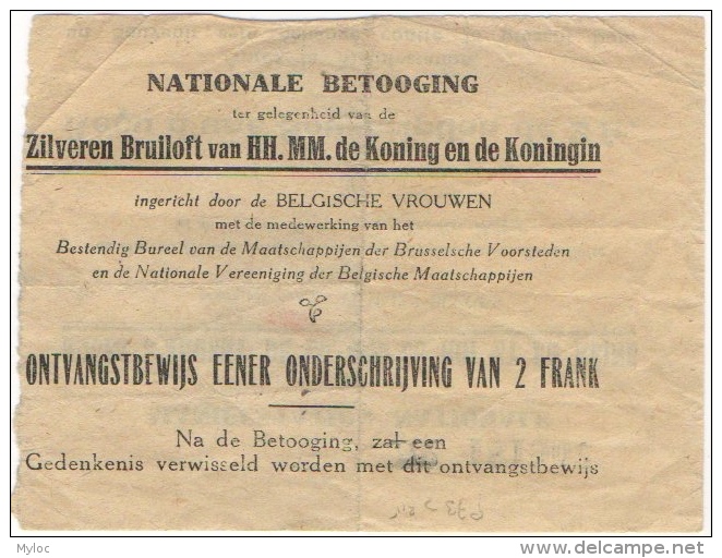 Billet/Ticket Bilingue. Manifestation Nationale. Noces D'Argent Du Roi &amp; De La Reine. 1900-1925. - Tickets D'entrée