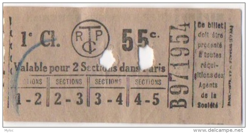 Ticket/Billet De Tram. Tramways Parisiens. T.C.R.P. 1er Classe. Publicité Nicolas Au Dos. - Europe