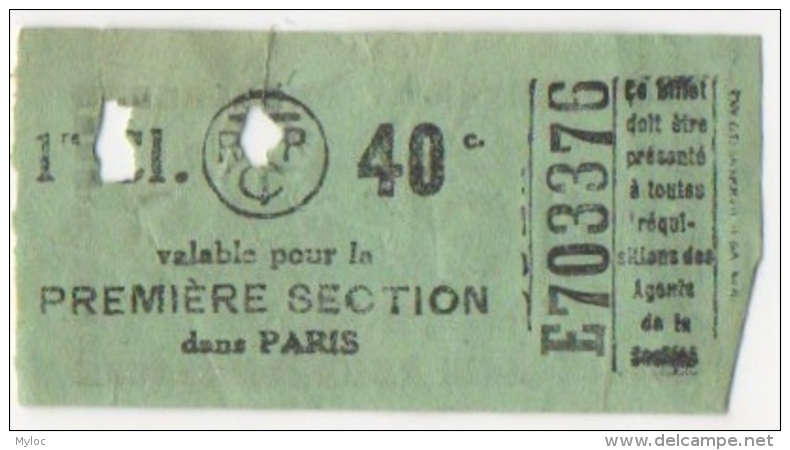 Ticket/Billet De Tram. Tramways Parisiens. T.C.R.P. 1er Classe. Publicité Nicolas Au Dos. - Europa