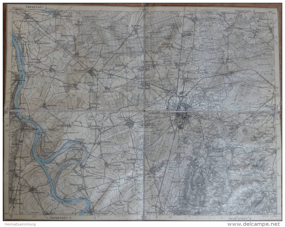 Darmstadt - Topographische Karte Mit Leinenverstärkten Falzen 30cm X 38cm - Topographische Karten