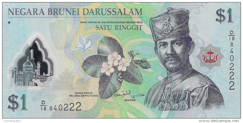 Brunei P35, 1 Dollar, Sultan Hassan Al-Bolkiah, Flower / Mosque POLYMER UNC - Brunei