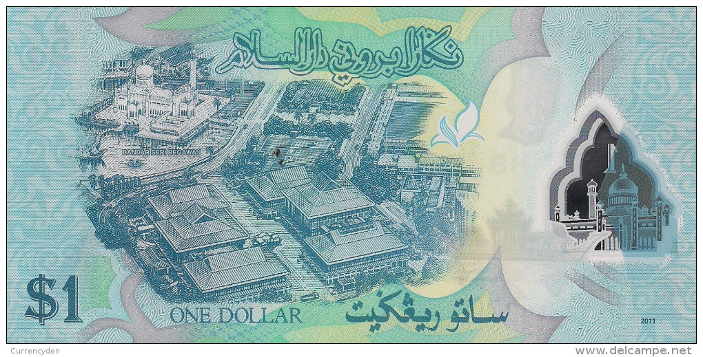 Brunei P35, 1 Dollar, Sultan Hassan Al-Bolkiah, Flower / Mosque POLYMER UNC - Brunei