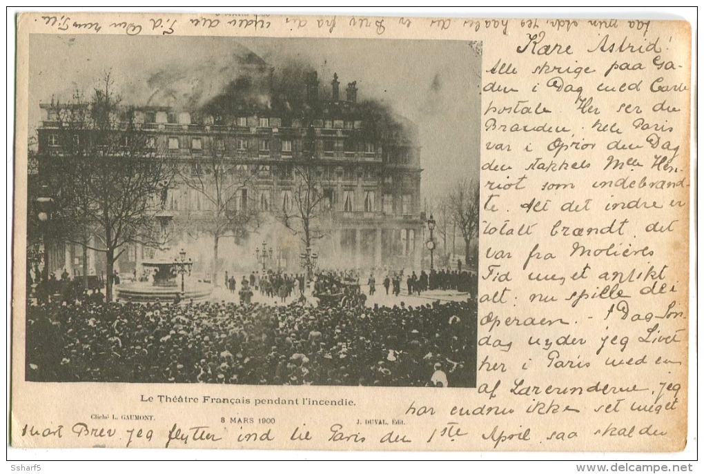 PARIS INCENDIE THEATRE FRANCAIS 8 Mars 1900 CPA Oblitérée Le 20 Mars écrite En Danois - Other & Unclassified