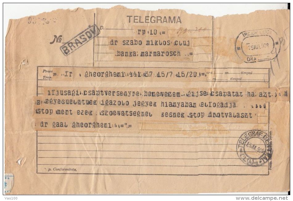 TELEGRAMME SENT FROM CLUJ NAPOCA TO BRASOV, 1929, ROMANIA - Telegraaf