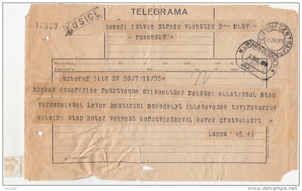 TELEGRAMME SENT FROM CLUJ NAPOCA TO KOSICE, 1929, ROMANIA - Télégraphes