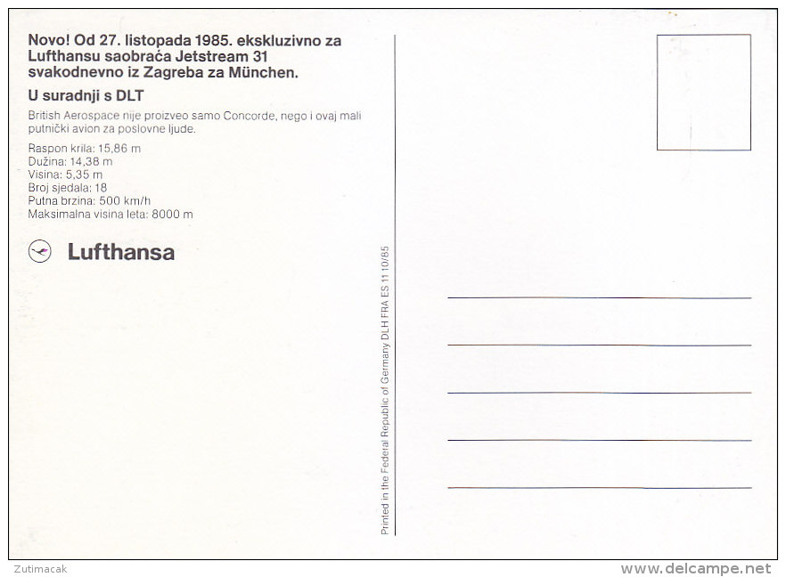 Lufthansa DLT Flight Zagreb-Munchen Postcard 1985 - 1946-....: Moderne