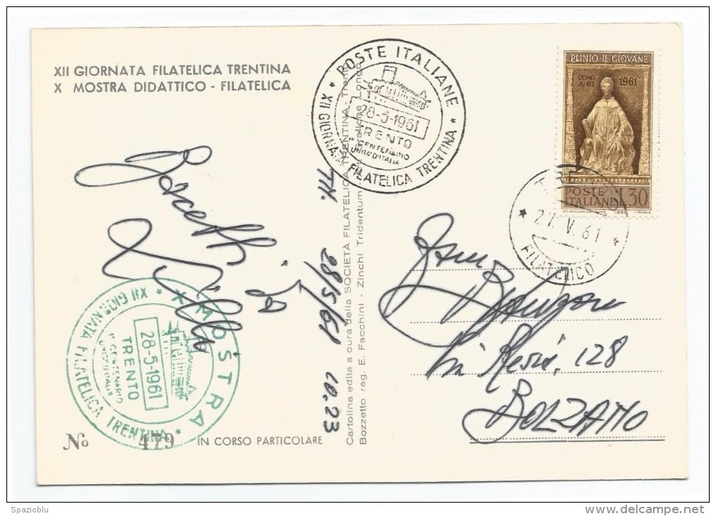 1961, Poste Italiane - " XII Giornata Filatelica Trentina - X Mostra Didattico Filatelica". - Cartes-Maximum (CM)