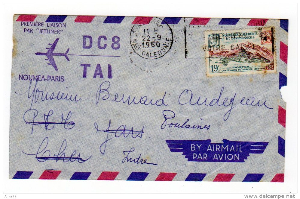 NOUVELLE CALEDONIE     Lettre Du 22/9/1960  1ere Liaison Nouméa-Paris Par DC8 - Cartas & Documentos