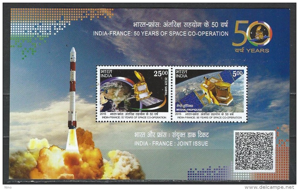 India. Scott # 2725-26a, MNH S/sheet. 50th. Anniv. Of Space Cooperation. Joint Issue With France 2015 - Joint Issues