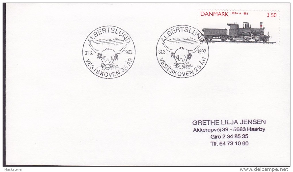 Denmark Sonderstempel ALBERTSLUND 1992 Cover Brief Vestskoven 25 År Cow Kuhe In Cancel !! Train Locomotive Stamp - Briefe U. Dokumente