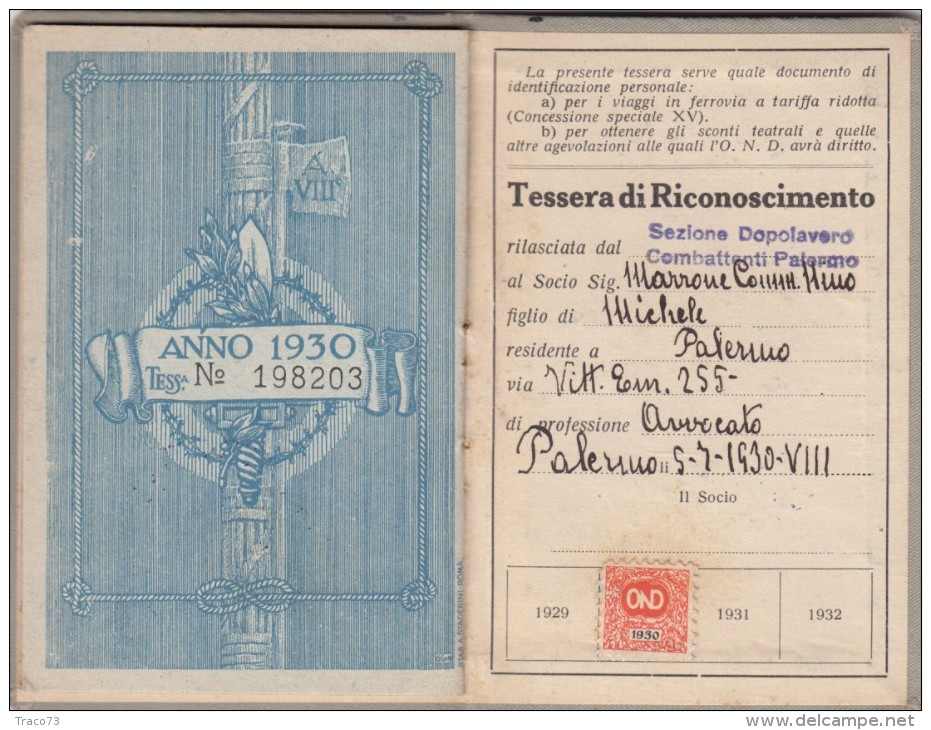 PALERMO /  O.N.D. - Tessera Fascista - Associazione Nazionale Combattenti _ 1930 - Documenti Storici