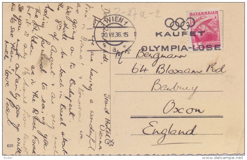 ÖSTERREICH :1936: Illustrated Date Cancellation On Travelled Postcard  ## Kaufet Olympia-Lose ## : OLYMPIC RINGS, - Sommer 1936: Berlin