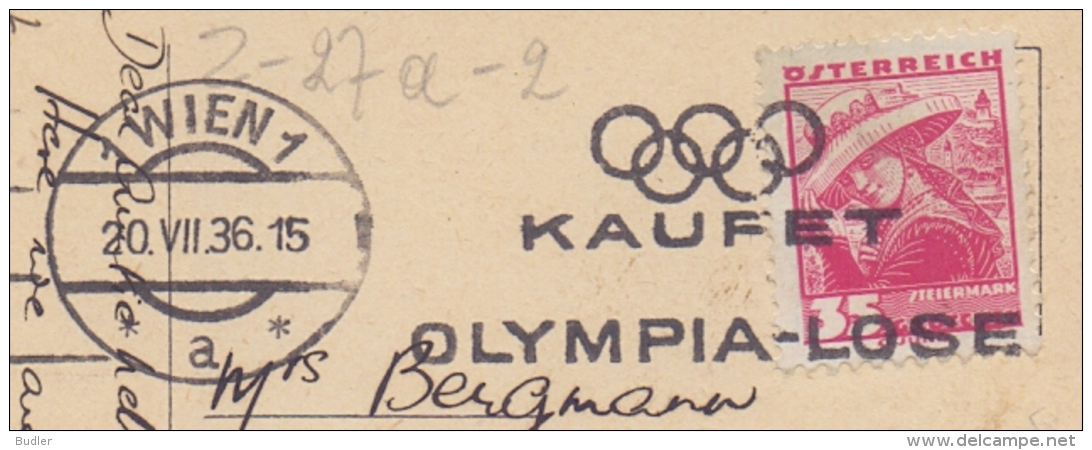 ÖSTERREICH :1936: Illustrated Date Cancellation On Travelled Postcard  ## Kaufet Olympia-Lose ## : OLYMPIC RINGS, - Sommer 1936: Berlin