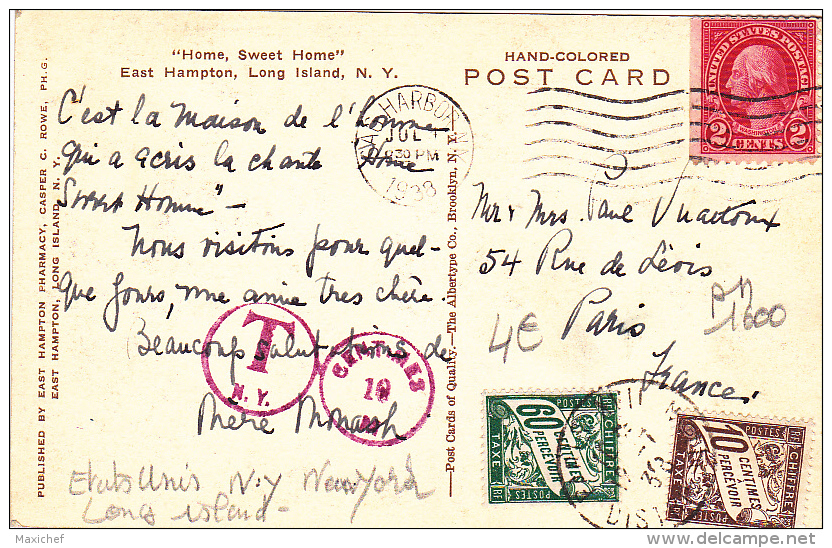 "Home, Sweet Home" East Hampton, Long Island N. Y. - Circulé 1938, Taxée, Timbres Taxes Français Pour 70 Centimes - Long Island