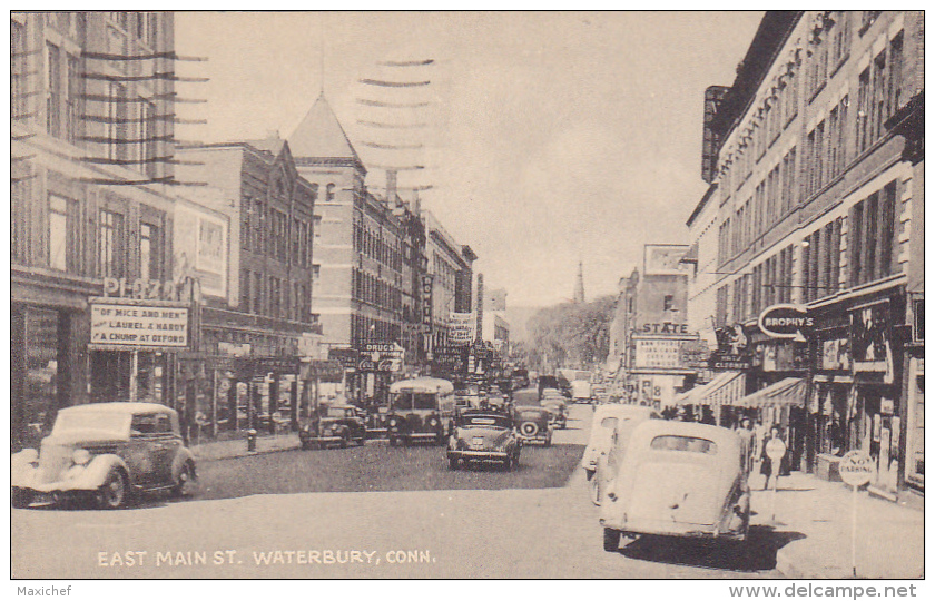 East Main Street - Waterbury - Rue Commerçante Animée, Cinéma Plaza à L'affiche"Of Mice And Men, Laurel &amp; Hardy" 195 - Waterbury