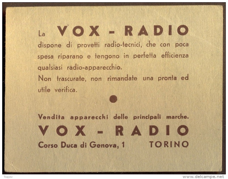 ITALIA - ADVER.  VOX  RADIO - TORINO - Cc 1930 - Autres & Non Classés
