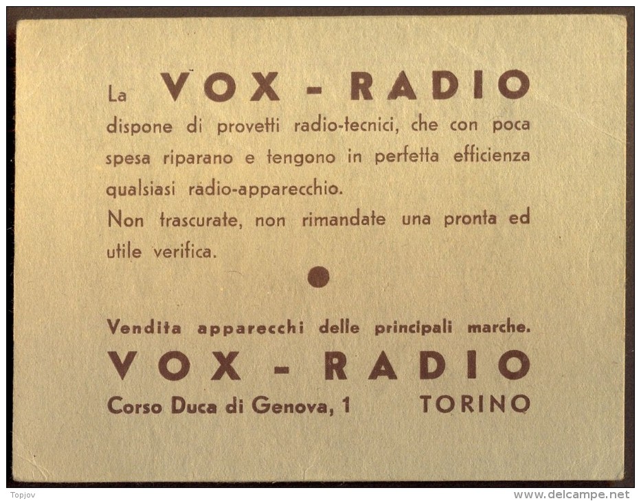 ITALIA - ADVER.  VOX  RADIO - TORINO - Cc 1930 - Other & Unclassified