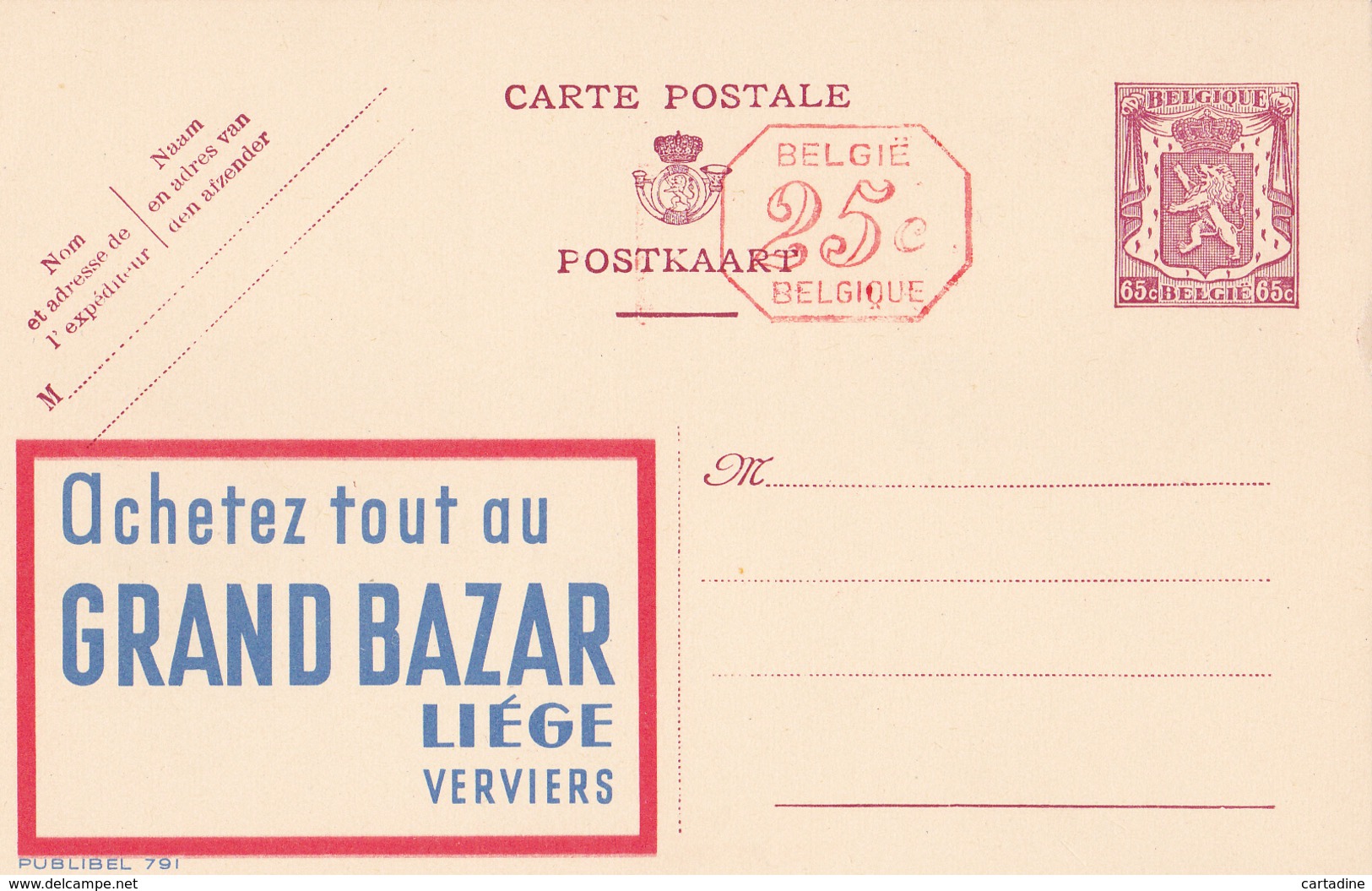 ENTIER POSTAUX - PUBLIBEL 791M - GRAND BAZAR  -  FN -   65C+25C - Publibels