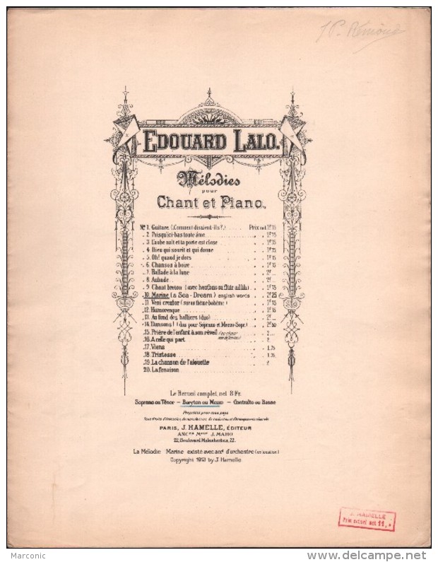 Partition : MELODIES Pour Chant Et Piano MARINE - Edouard LALO - J-L