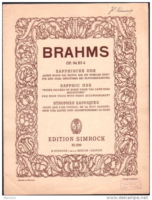 Partition :  STROPHES SAPHIQUES, OP.94 N°4, Rose Que L'on Cueille, En La Nuit Sereine - BRAHMS  -  Edition Simrock - A-C