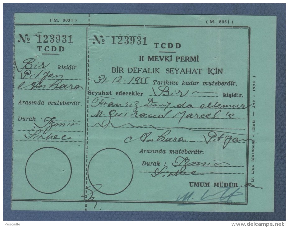 TURKEY TURQUIE 1955 - BILLET DE TRAIN TCDD Türkiye Cumhuriyeti Devlet Demiryollar - IZMIR ANKARA - Monde