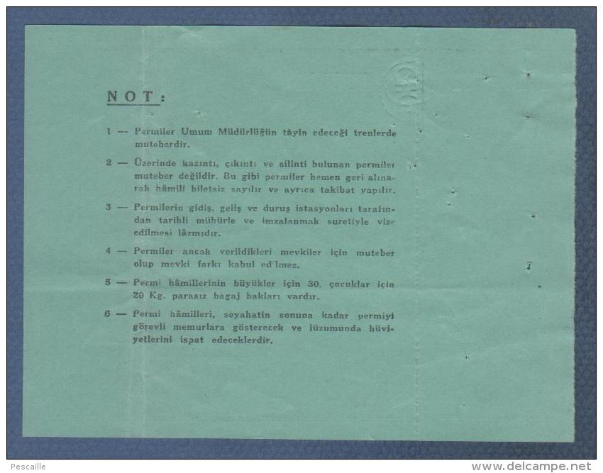 TURKEY TURQUIE 1955 - BILLET DE TRAIN TCDD Türkiye Cumhuriyeti Devlet Demiryollar - IZMIR ANKARA - Mundo