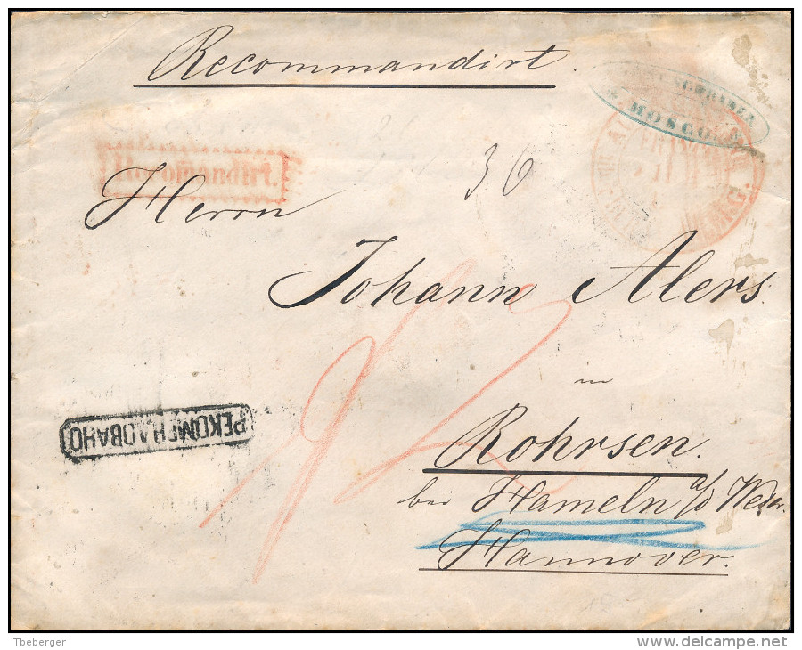 Russia 1868 Early Registered Cover Moscow To Rohrsen Germany, Red REKOMENDOVANO Handstamp (44_2490) - Lettres & Documents