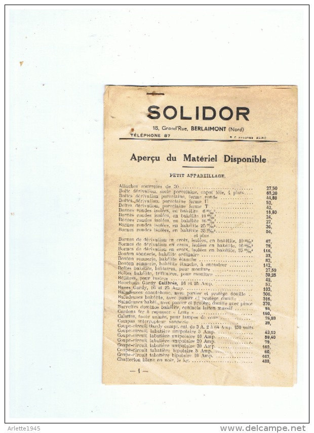 SOLIDOR APERCU DU MATERIEL DISPONIBLE 4 PAGES   à  BERLAIMONT ( NORD) - 1900 – 1949