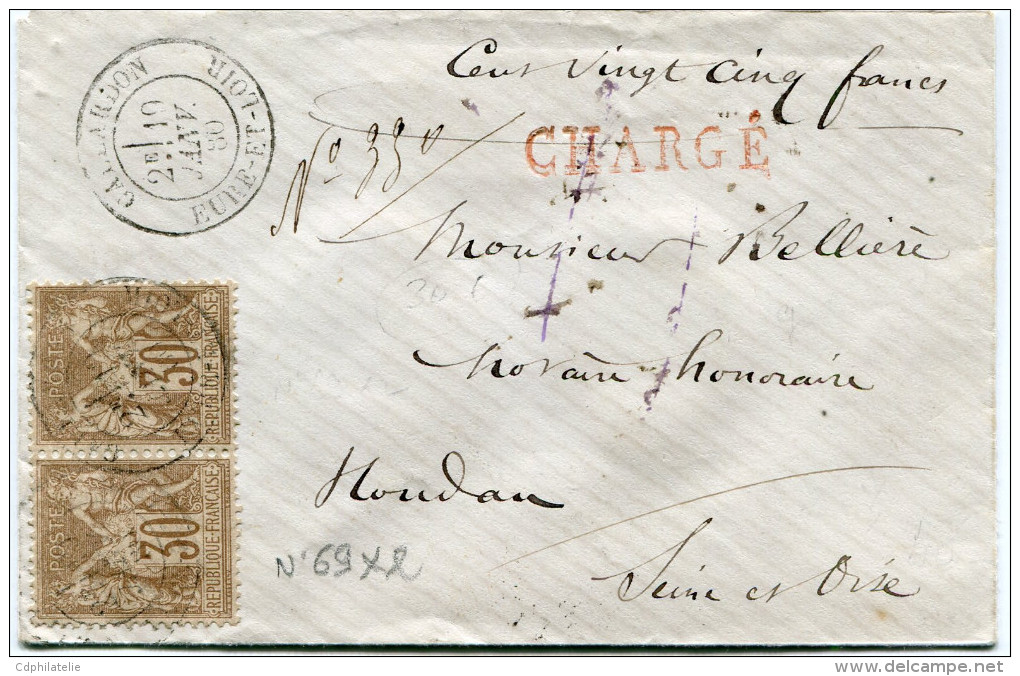 FRANCE LETTRE CHARGEE AFFRANCHIE AVEC UNE PAIRE DU N°69 DEPART GALLARDON 19 JANV 80 EURE-ET-LOIR POUR LA FRANCE - 1877-1920: Période Semi Moderne