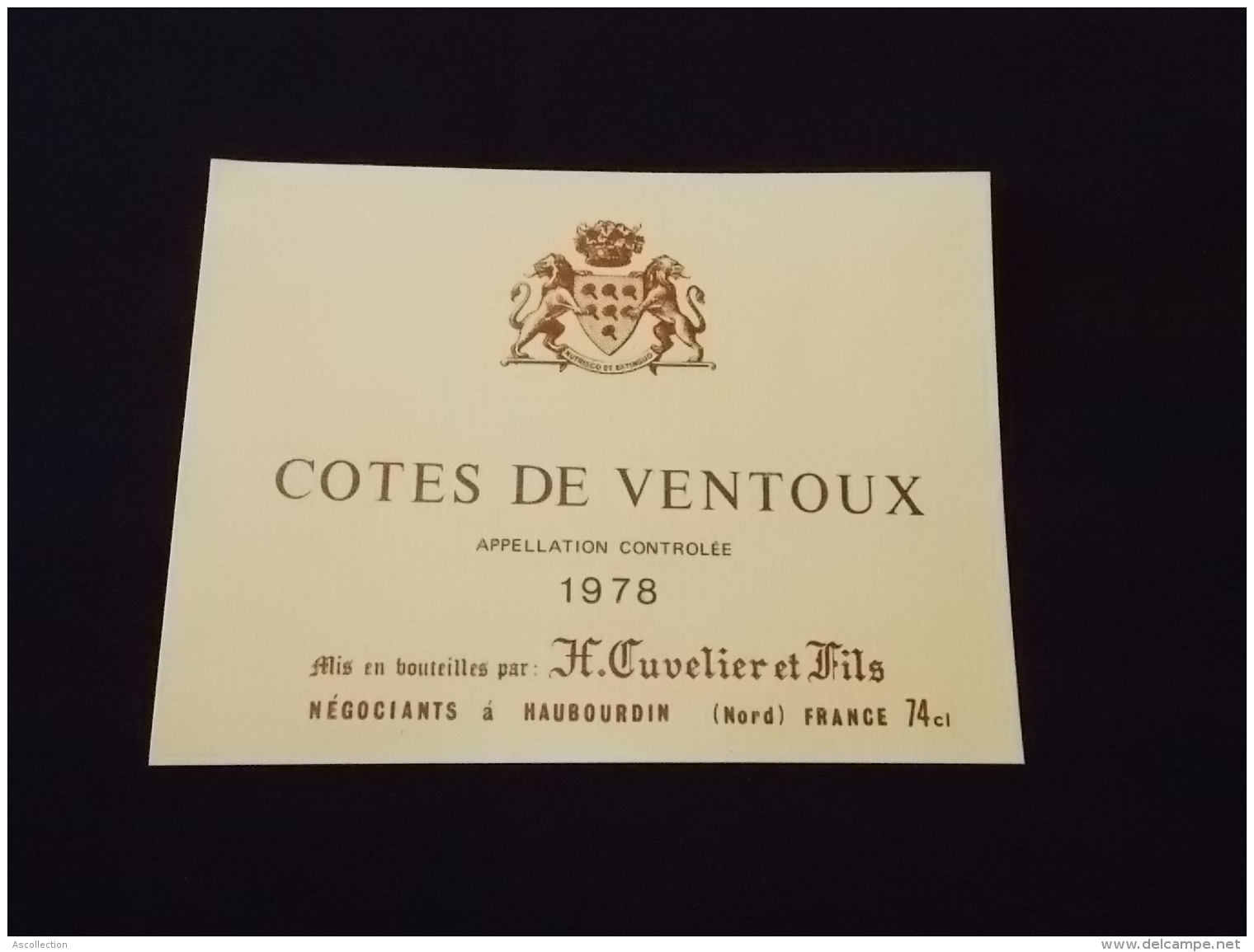 Etiquette De Vin Neuve Cotes De Ventoux 1978 H Cuvelier Et Fils Négociants à Haubourdin Nord - Côtes Du Ventoux