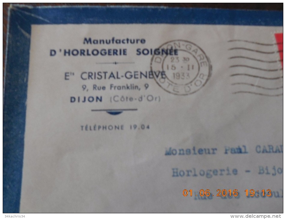 Enveloppe Publicitaire Illustrée Commerciale Horlogerie Cristal Genève Dijon Montres - Andere & Zonder Classificatie