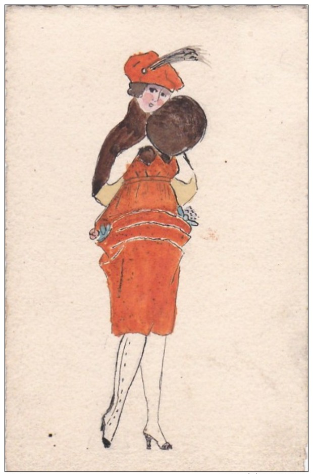 Belle CPA Illustrée Authentique CARTE PEINTE  Femme MODE Fourrure Etole Et Manchon - 1900-1949