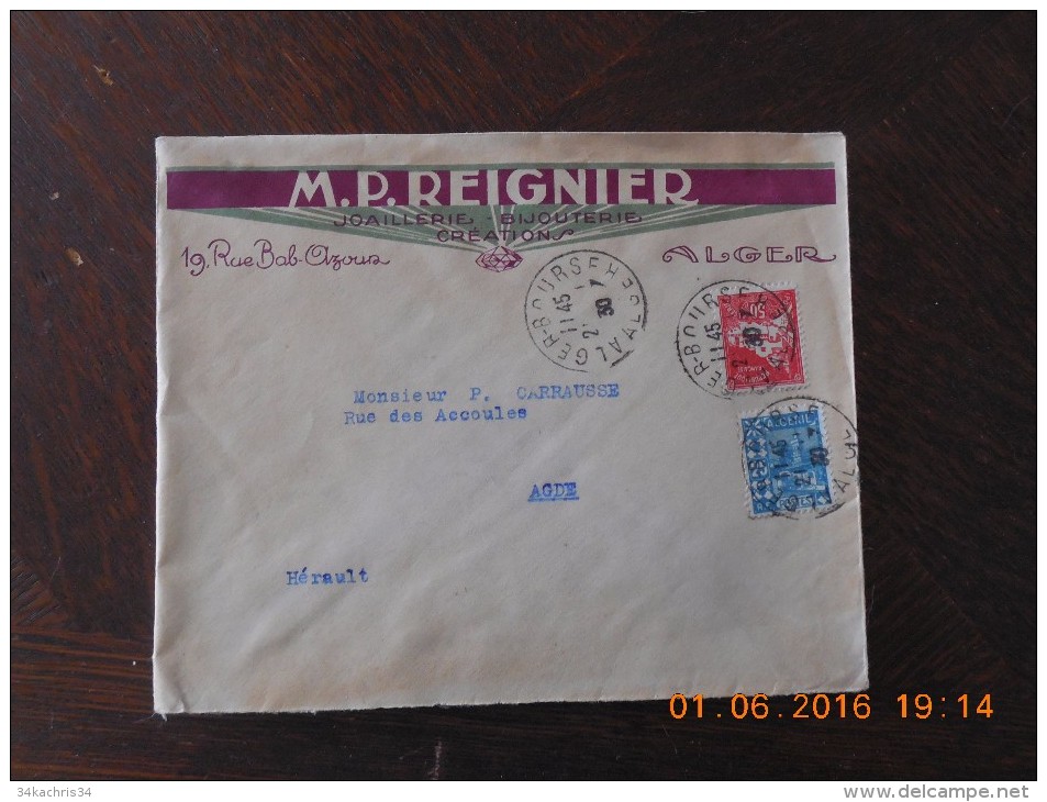 Enveloppe Publicitaire Illustrée Commerciale Bijouterie Horlogerie M.P.Reigner Alger 1930 - Autres & Non Classés