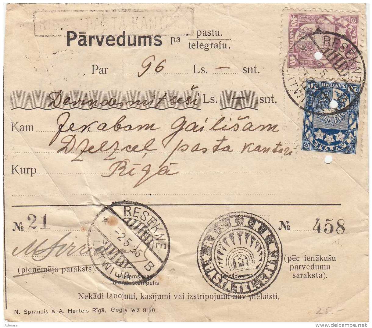 LETTLAND 1925 - 20 + 40 Santimu Auf Telegraphischen Beleg, Mehrere Stempel (Resekne+Riga), Gelochte Entwertung?, Beleg H - Lettland