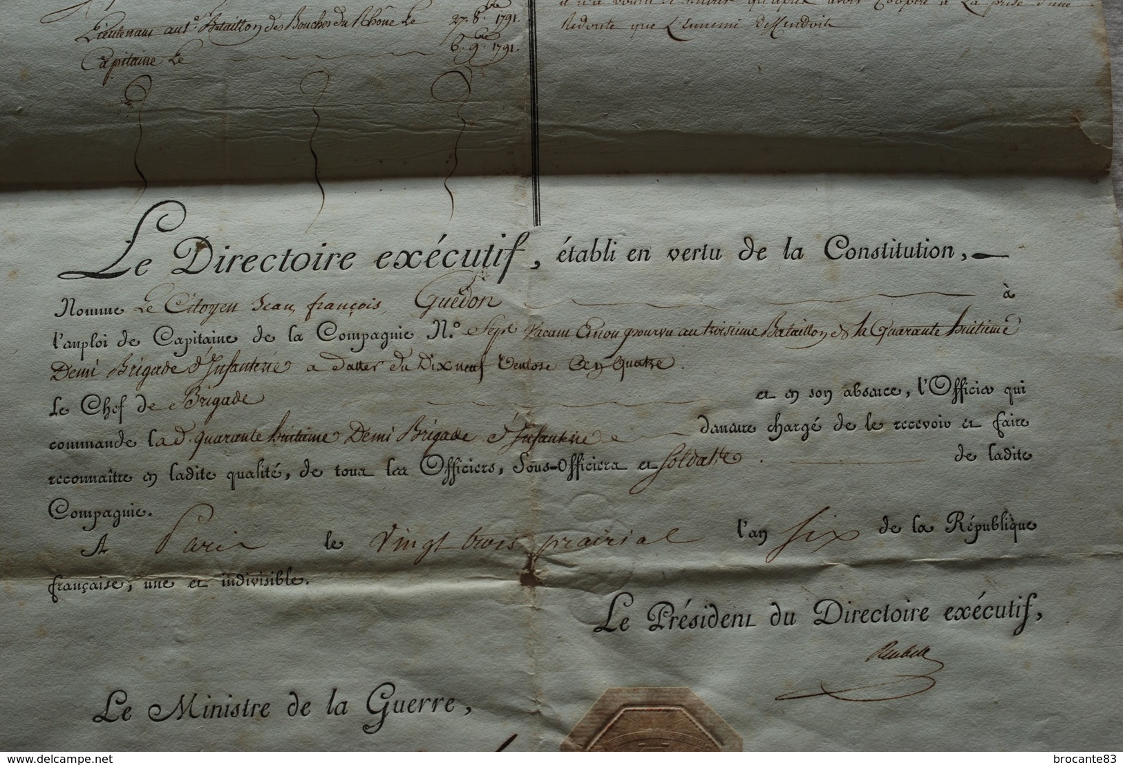 BREVET DE CAPITAINE DE L AN 6 SIGNE PAR LE PRESIDENT DU DIRECTOIRE EXECUTIF - Documenti