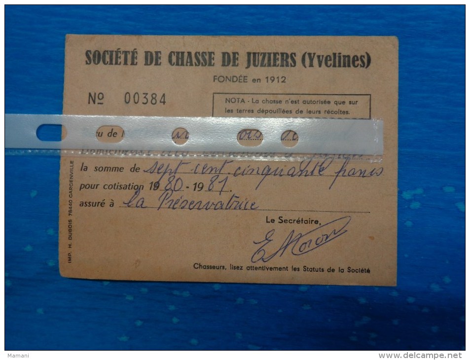 Carte  De Chasse  -les Yvelines -juziers-cotisation 1980-1981 - Autres & Non Classés