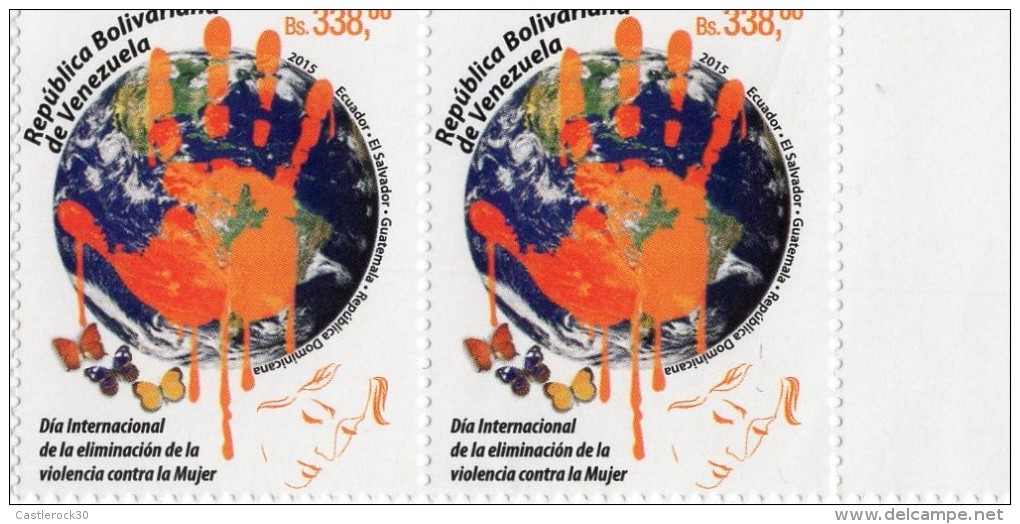 RE)2015 VENEZUELA, WORLD DAY FOR ELIMINATION OF VIOLENCE AGAINST WOMEN, PLANET, HAND, BUTTERFLY, STRIP OF 2, MNH - Venezuela