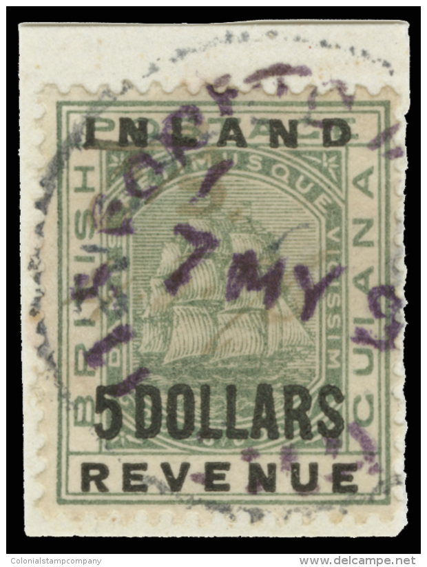 /\       128 (189) 1888 $5 Green Seal Of The Colony^ Overprinted "INLAND REVENUE" And Surcharged, Wmkd CA, Perf 14,... - Brits-Guiana (...-1966)