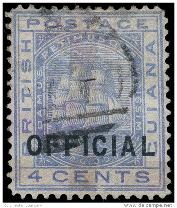 O        85a (147) 1878 (1&cent;) On 4&cent; Blue Ship Official Surcharged With One Horizontal Bar And One Vertical... - Brits-Guiana (...-1966)