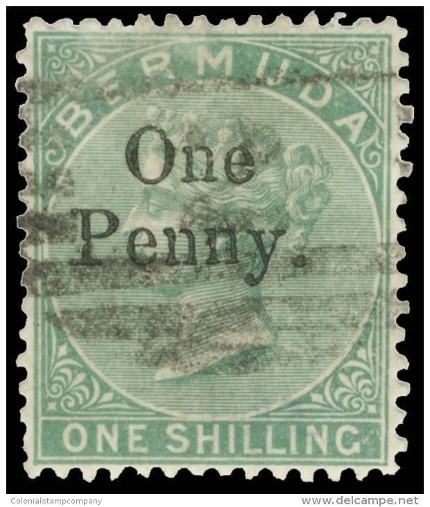 O        15 (17) 1875 1d On 1' Green Q Victoria^ Provisional, SG Type 8 Surcharge, Wmkd CC, Perf 14, Lightly... - Bermuda