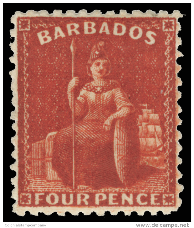 *        47 (68) 1875 4d Deep Red Britannia^, Wmkd CC, Perf 12&frac12;, Vivid Rich Deep Color, A Perfectly Centered... - Barbados (...-1966)