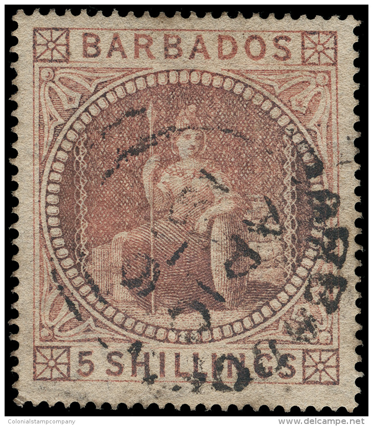 O        43 (64) 1873 5' Dull Rose Britannia^, Wmkd Small Star (sideways), Perf 15&frac12;x15, An Exceptional,... - Barbados (...-1966)