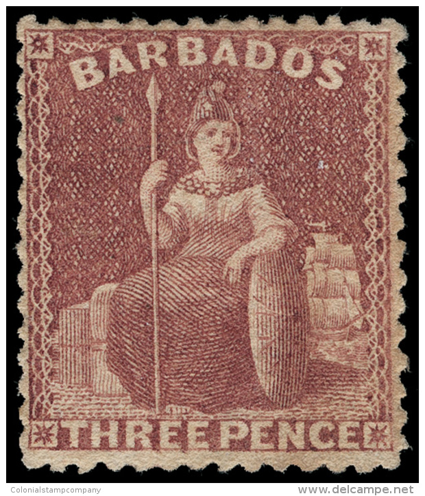 *        38 (63) 1873 3d Brown-purple Britannia^, Wmkd Small Star (sideways), Perf 14, Extremely Well Centered... - Barbados (...-1966)